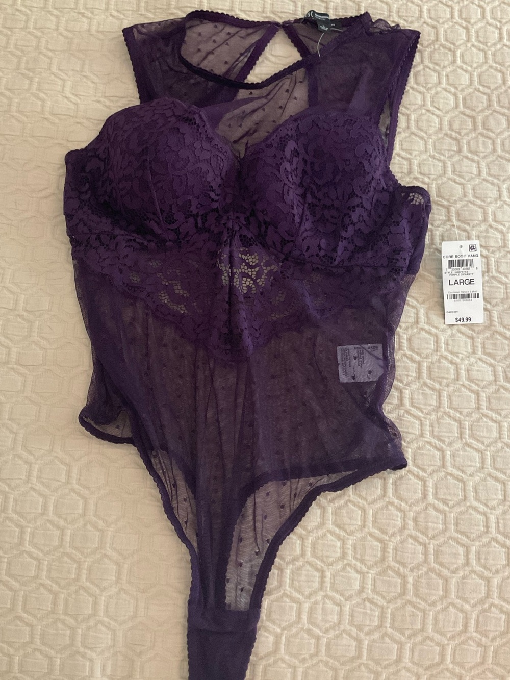 INC International Concepts Women's Cupped Swiss Dot Thong Bodysuit in purple.